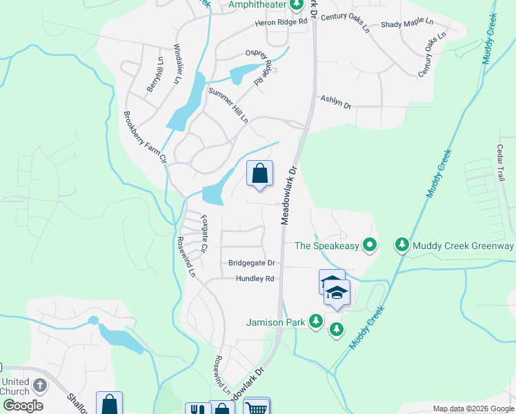 map of restaurants, bars, coffee shops, grocery stores, and more near 725 Wallridge Drive in Winston-Salem