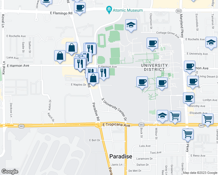 map of restaurants, bars, coffee shops, grocery stores, and more near 765 East Naples Drive in Las Vegas