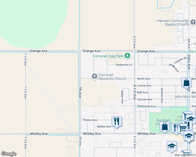 map of restaurants, bars, coffee shops, grocery stores, and more near 2725 North Avenue in Corcoran