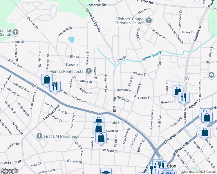 map of restaurants, bars, coffee shops, grocery stores, and more near 904 Durham Street in Burlington
