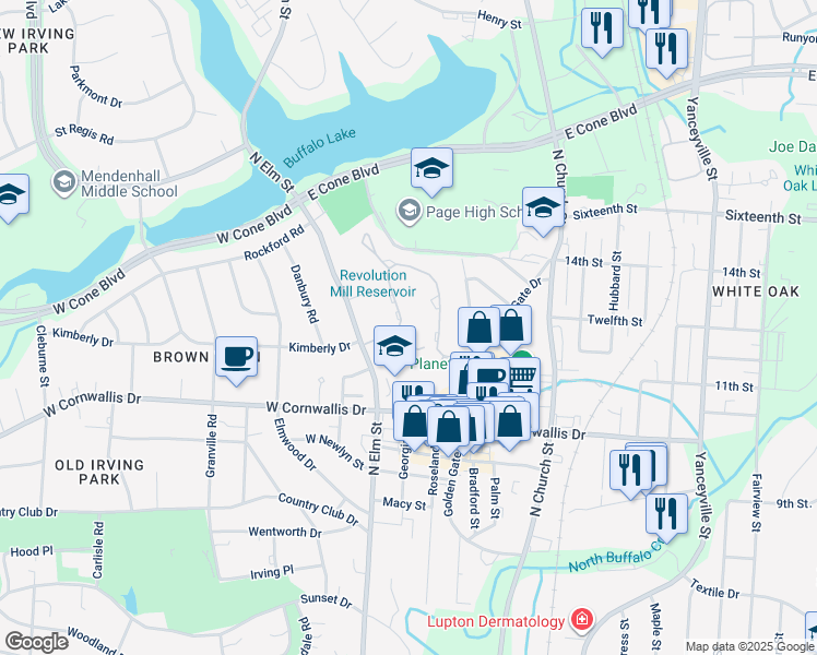 map of restaurants, bars, coffee shops, grocery stores, and more near 3 Fountain View Circle in Greensboro