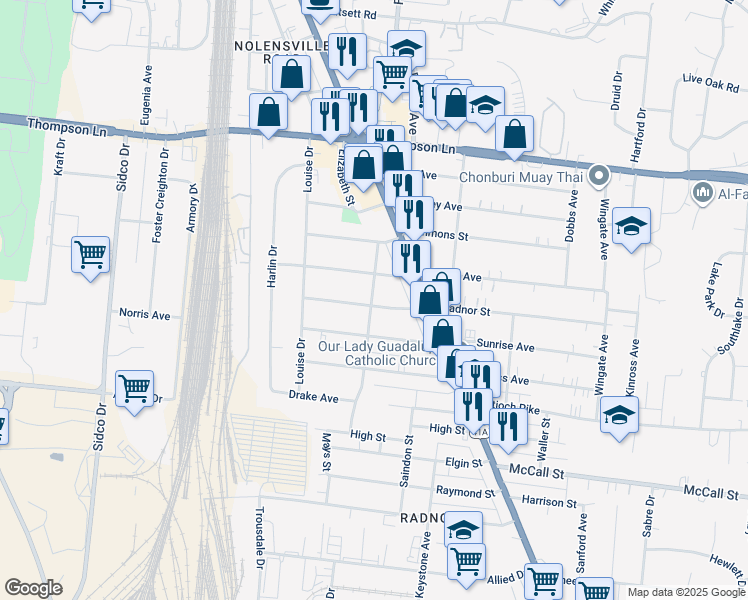 map of restaurants, bars, coffee shops, grocery stores, and more near 501 Radnor Street in Nashville