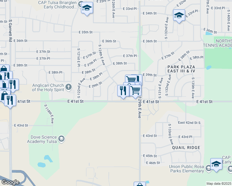 map of restaurants, bars, coffee shops, grocery stores, and more near 12517 East 41st Street in Tulsa
