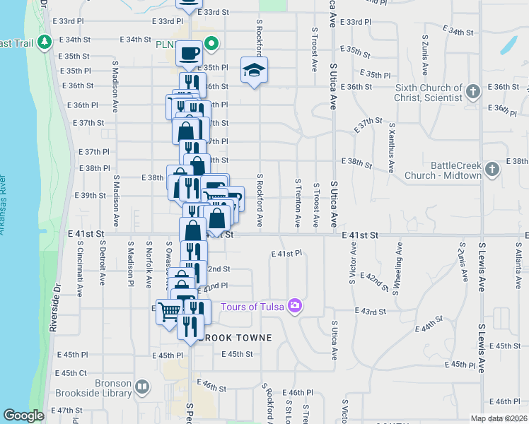 map of restaurants, bars, coffee shops, grocery stores, and more near 3933 South Rockford Avenue in Tulsa