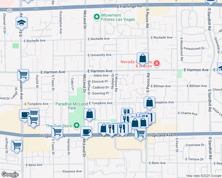 map of restaurants, bars, coffee shops, grocery stores, and more near 3161 Cadbury Drive in Las Vegas