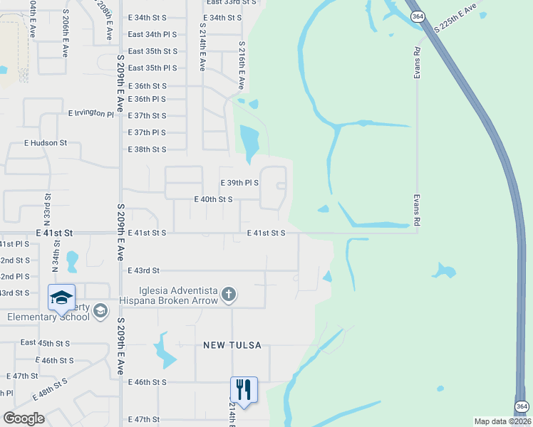 map of restaurants, bars, coffee shops, grocery stores, and more near 4066 South 217th East Avenue in Broken Arrow