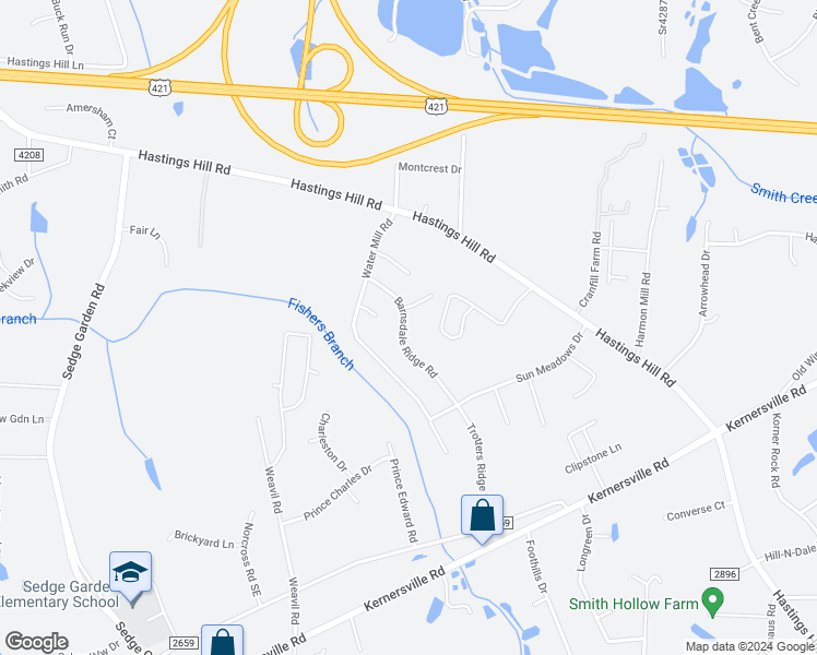 map of restaurants, bars, coffee shops, grocery stores, and more near 505 Barnsdale Ridge Road in Kernersville