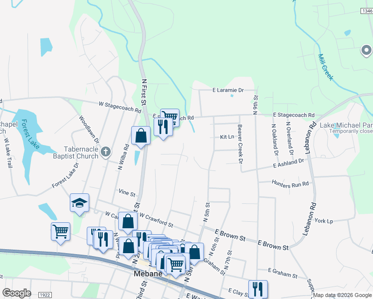 map of restaurants, bars, coffee shops, grocery stores, and more near 902 3rd Street in Mebane