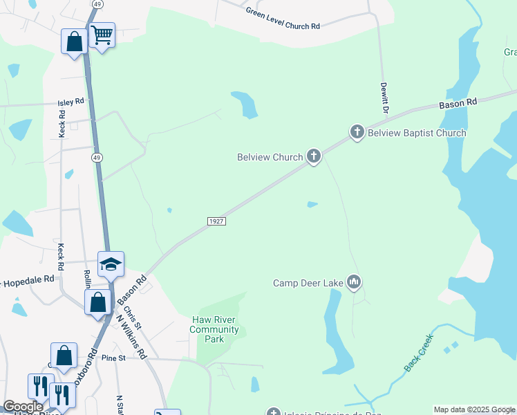 map of restaurants, bars, coffee shops, grocery stores, and more near 2723 Bason Road in Mebane