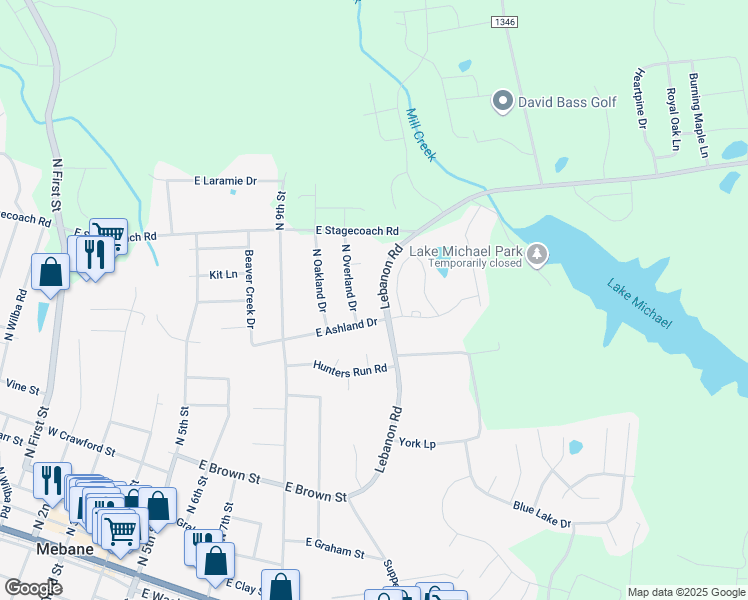 map of restaurants, bars, coffee shops, grocery stores, and more near 801 East Ashland Drive in Mebane