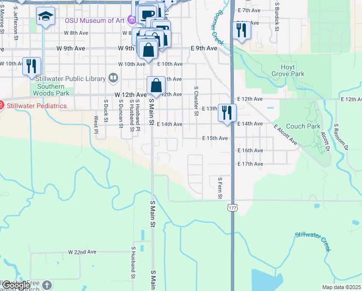 map of restaurants, bars, coffee shops, grocery stores, and more near 1814 South Lowry Street in Stillwater