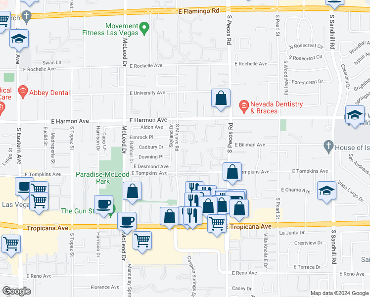 map of restaurants, bars, coffee shops, grocery stores, and more near 3226 Weber Court in Las Vegas