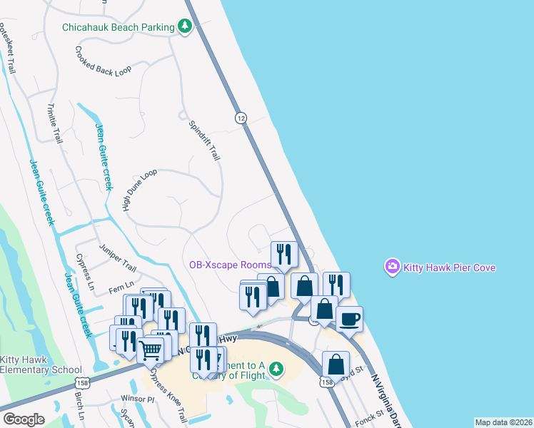 map of restaurants, bars, coffee shops, grocery stores, and more near 12 Ocean View Loop in Southern Shores