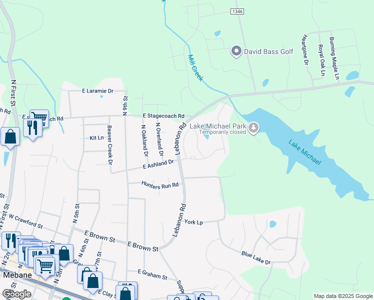 map of restaurants, bars, coffee shops, grocery stores, and more near 610 Village Lake Drive in Mebane
