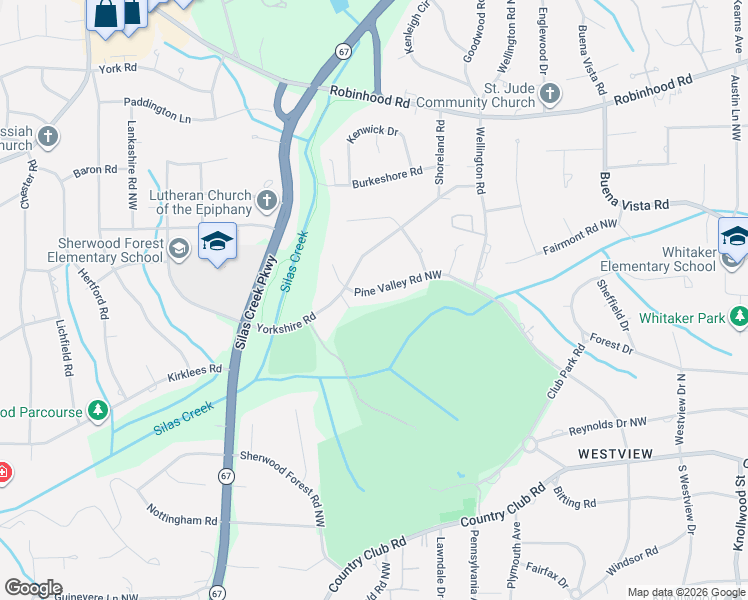 map of restaurants, bars, coffee shops, grocery stores, and more near 756 Pine Valley Road Northwest in Winston-Salem