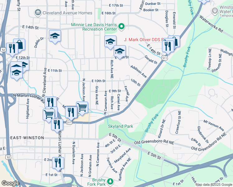 map of restaurants, bars, coffee shops, grocery stores, and more near 858 Camel Avenue in Winston-Salem