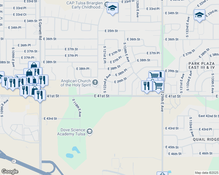 map of restaurants, bars, coffee shops, grocery stores, and more near 3930 South 122nd East Place in Tulsa