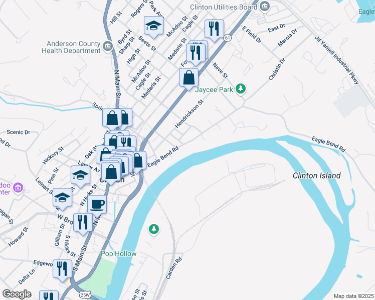 map of restaurants, bars, coffee shops, grocery stores, and more near 607 Eagle Bend Road in Clinton