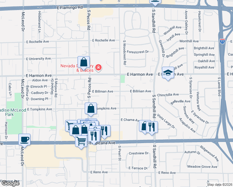 map of restaurants, bars, coffee shops, grocery stores, and more near 3578 East Taos Lane in Las Vegas