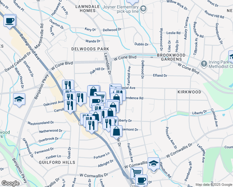 map of restaurants, bars, coffee shops, grocery stores, and more near 2800 Lawndale Drive in Greensboro