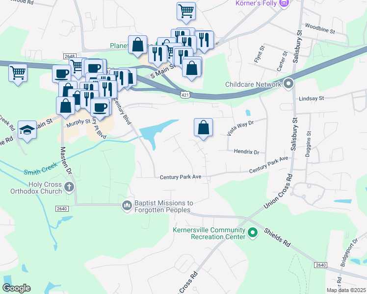 map of restaurants, bars, coffee shops, grocery stores, and more near 313 Lakeside Drive in Kernersville