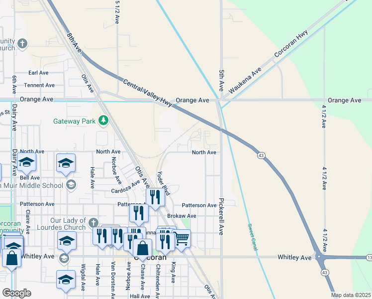 map of restaurants, bars, coffee shops, grocery stores, and more near 750 North Avenue in Corcoran