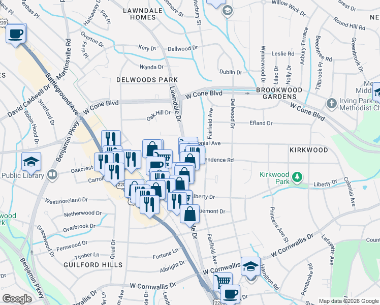 map of restaurants, bars, coffee shops, grocery stores, and more near 2800 Lawndale Drive in Greensboro
