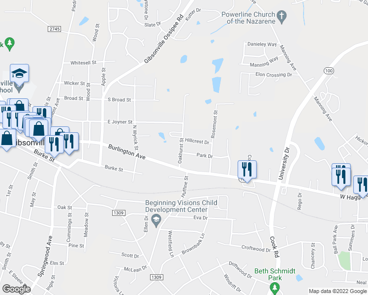 map of restaurants, bars, coffee shops, grocery stores, and more near 206 Oakhurst Street in Gibsonville