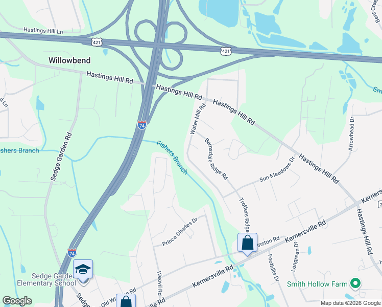 map of restaurants, bars, coffee shops, grocery stores, and more near 229 Water Mill Road in Kernersville