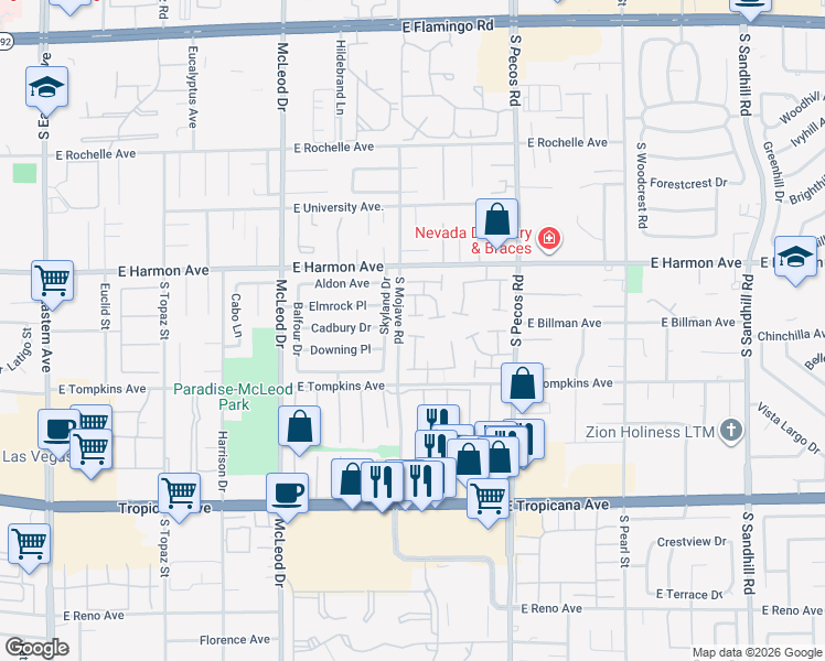 map of restaurants, bars, coffee shops, grocery stores, and more near 3220 Weber Court in Las Vegas