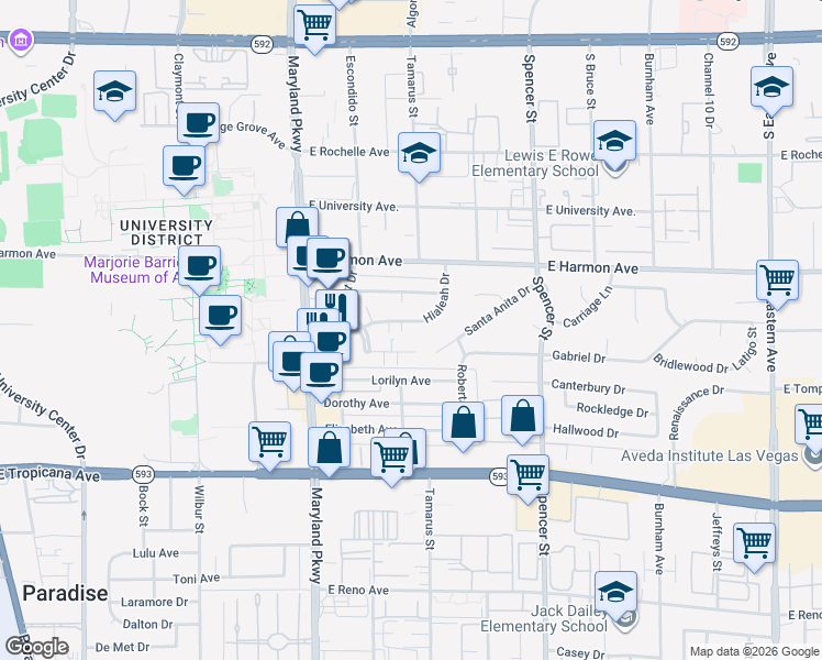 map of restaurants, bars, coffee shops, grocery stores, and more near 1477 Hialeah Drive in Las Vegas