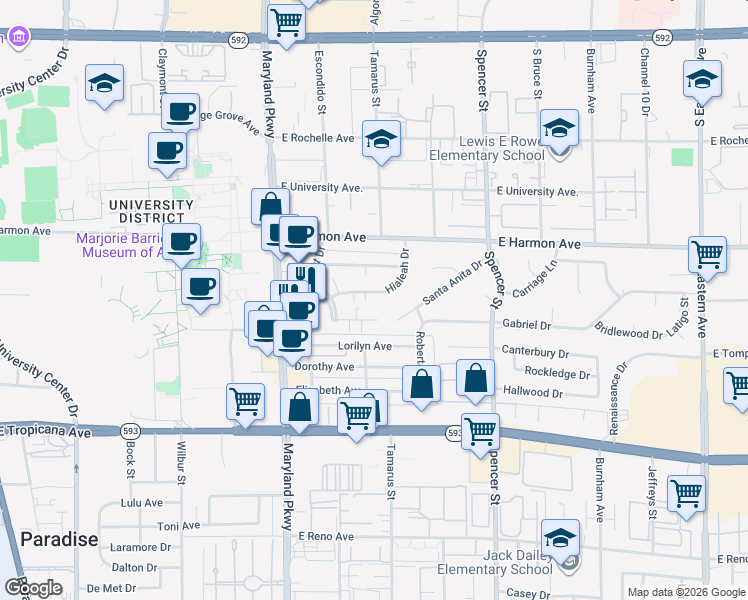 map of restaurants, bars, coffee shops, grocery stores, and more near 1477 Hialeah Drive in Las Vegas