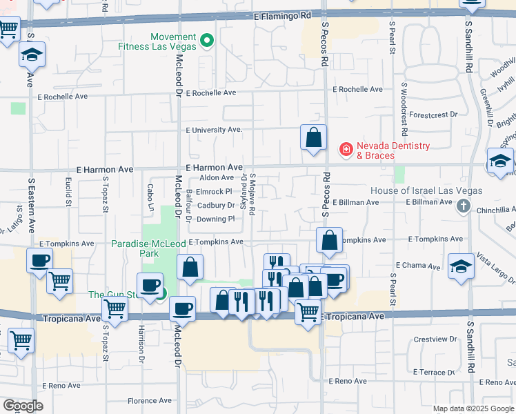 map of restaurants, bars, coffee shops, grocery stores, and more near 4636 Skyland Drive in Las Vegas