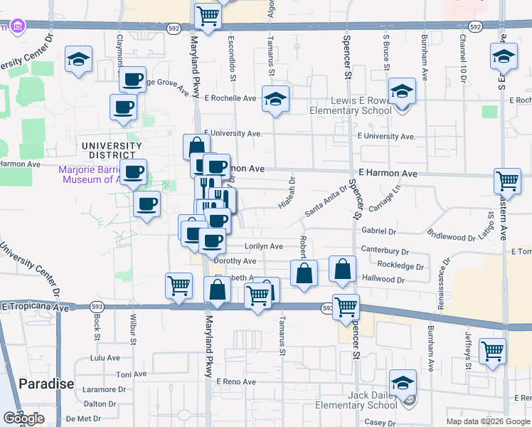 map of restaurants, bars, coffee shops, grocery stores, and more near 1424 Santa Anita Drive in Las Vegas