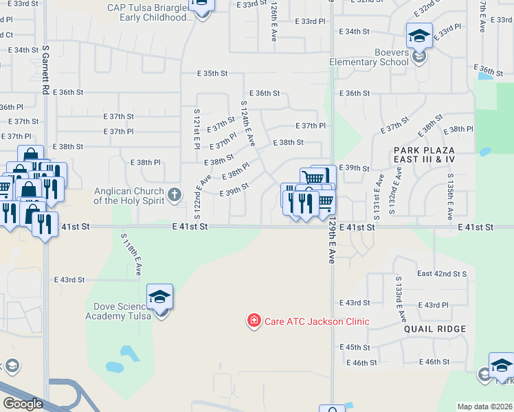 map of restaurants, bars, coffee shops, grocery stores, and more near 3936 South 125th East Avenue in Tulsa