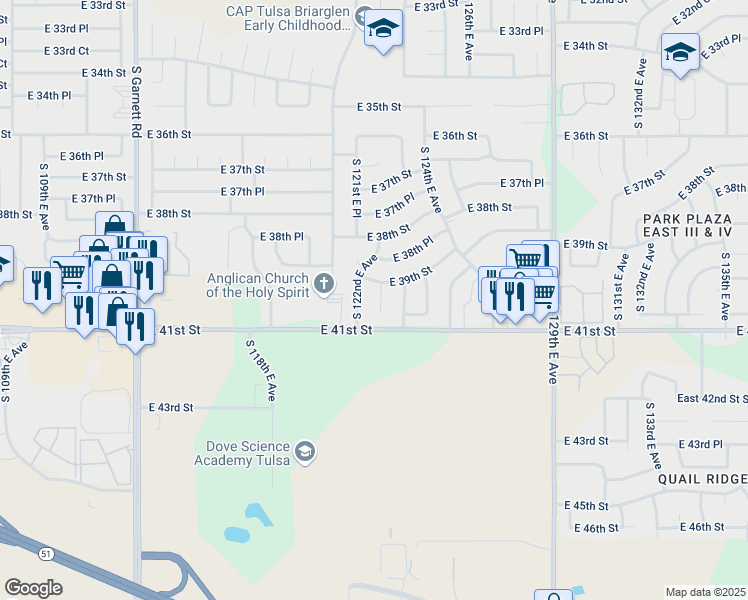 map of restaurants, bars, coffee shops, grocery stores, and more near 3930 South 122nd East Place in Tulsa
