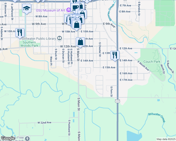 map of restaurants, bars, coffee shops, grocery stores, and more near 1601 South Main Street in Stillwater
