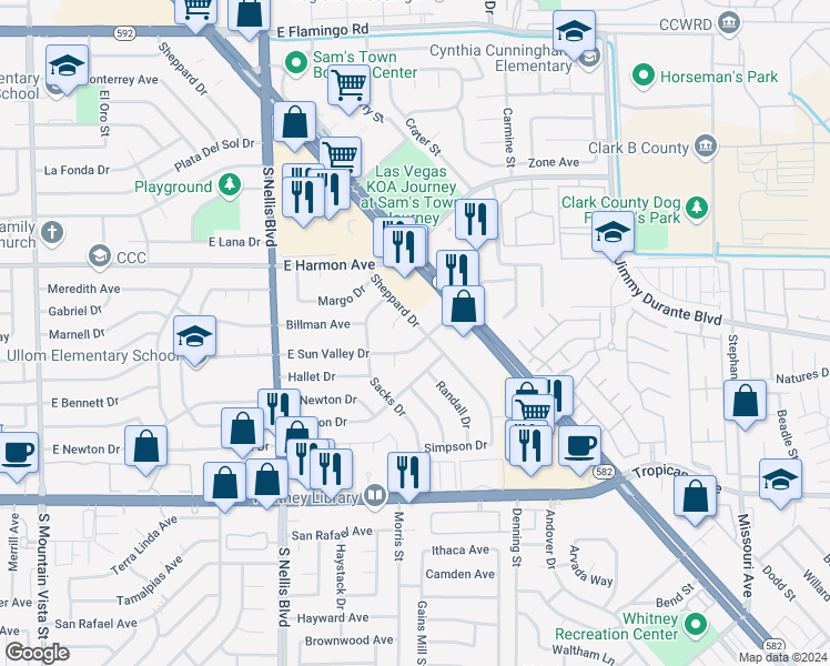 map of restaurants, bars, coffee shops, grocery stores, and more near 4601 Sheppard Drive in Las Vegas