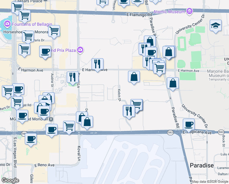 map of restaurants, bars, coffee shops, grocery stores, and more near 4670 Monterey Circle in Las Vegas