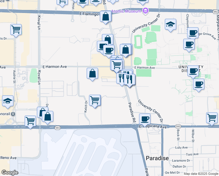 map of restaurants, bars, coffee shops, grocery stores, and more near 457 East Naples Drive in Las Vegas