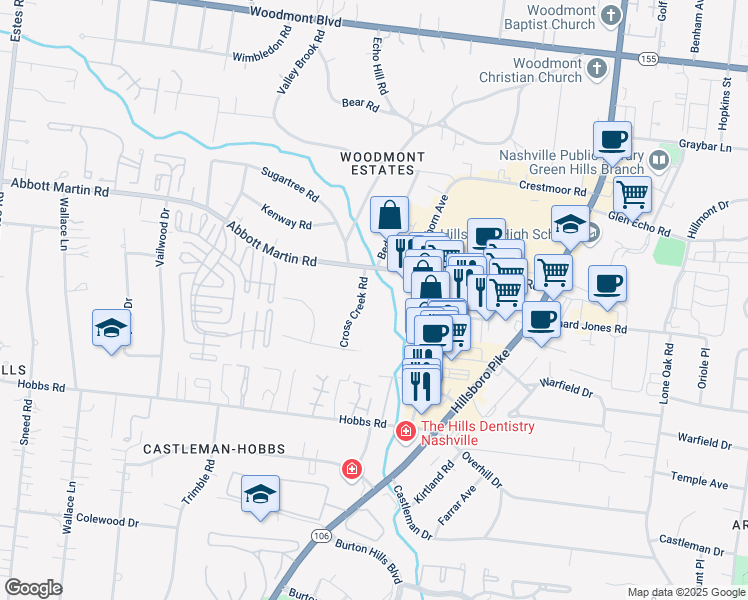 map of restaurants, bars, coffee shops, grocery stores, and more near 3920 Cross Creek Road in Nashville