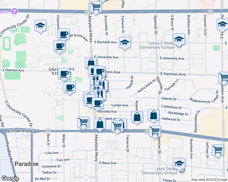 map of restaurants, bars, coffee shops, grocery stores, and more near 1424 Santa Anita Drive in Las Vegas