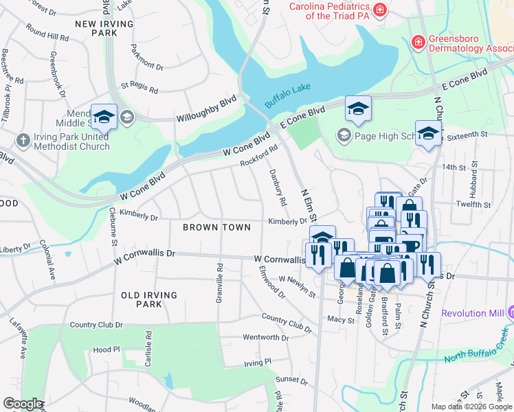 map of restaurants, bars, coffee shops, grocery stores, and more near 302 Kimberly Drive in Greensboro