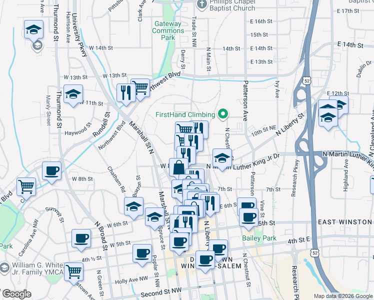 map of restaurants, bars, coffee shops, grocery stores, and more near 950 Trade Street Northwest in Winston-Salem
