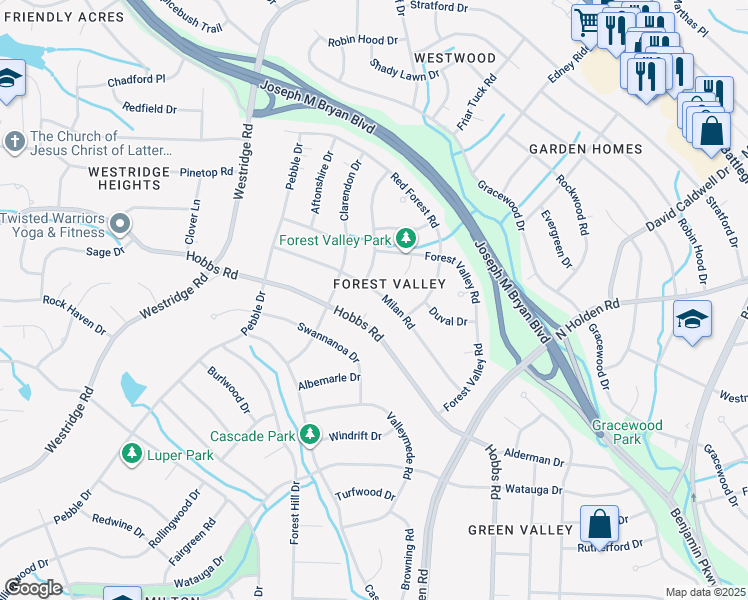 map of restaurants, bars, coffee shops, grocery stores, and more near 1711 Milan Road in Greensboro