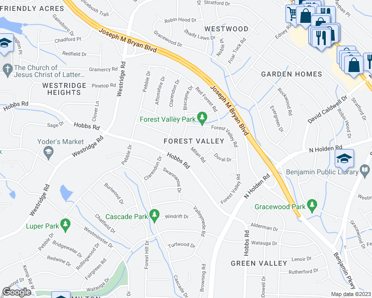 map of restaurants, bars, coffee shops, grocery stores, and more near 1711 Milan Road in Greensboro