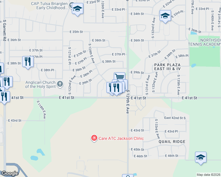map of restaurants, bars, coffee shops, grocery stores, and more near 12741 East 41st Street in Tulsa