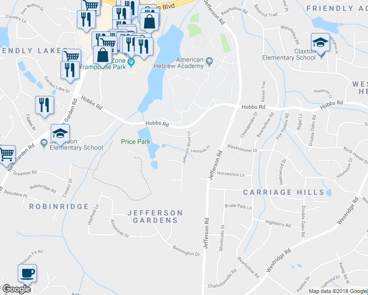 map of restaurants, bars, coffee shops, grocery stores, and more near 1001 Jefferson Wood Lane in Greensboro