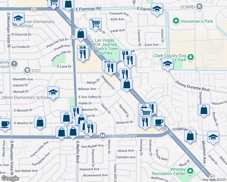 map of restaurants, bars, coffee shops, grocery stores, and more near 4601 Sheppard Drive in Las Vegas