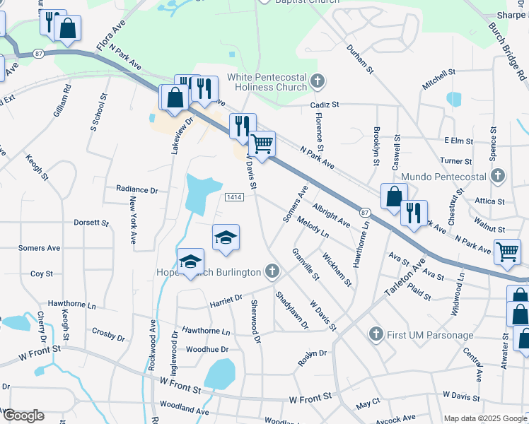 map of restaurants, bars, coffee shops, grocery stores, and more near 1735 West Davis Street in Burlington